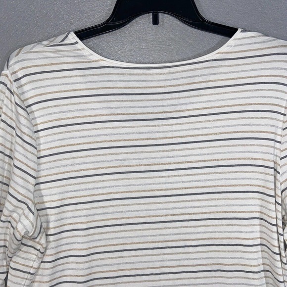 Chicos Top Womens 3 Beige Gray Stretch Scoop Neck Striped Long Sleeve Casual - Picture 10 of 15
